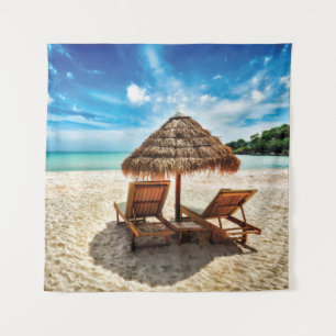 Lounge chairs on beach throw pillow tapestry