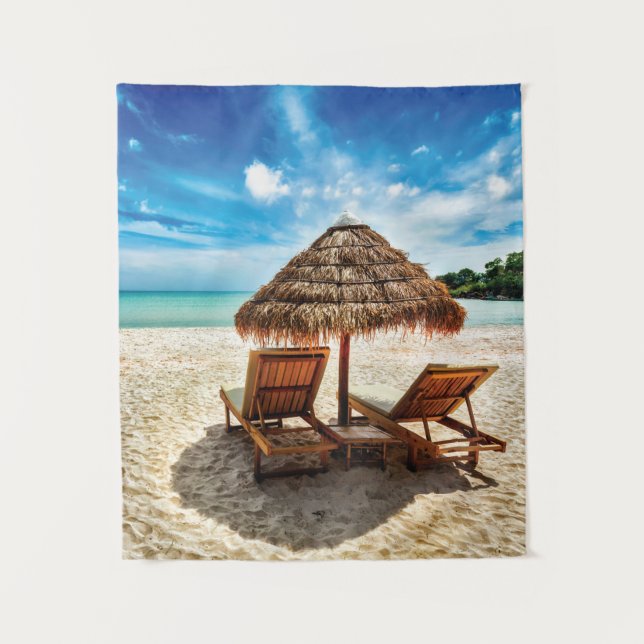 Lounge chairs on beach throw pillow tapestry (Front)