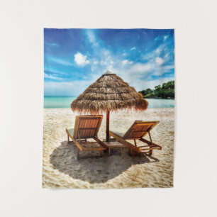 Lounge chairs on beach throw pillow tapestry