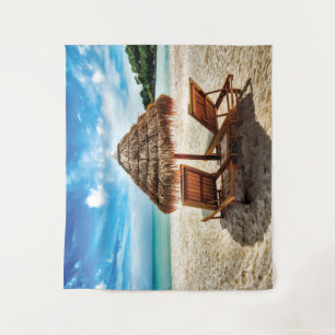 Lounge chairs on beach throw pillow tapestry