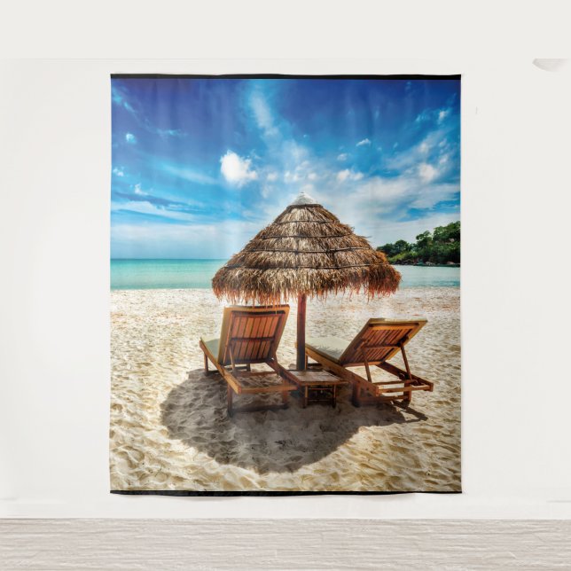 Lounge chairs on beach throw pillow tapestry (Front)