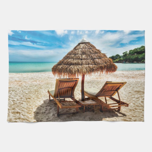 Lounge chairs on beach throw pillow tea towel (Horizontal)