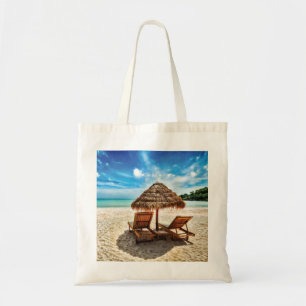 Lounge chairs on beach throw pillow tote bag
