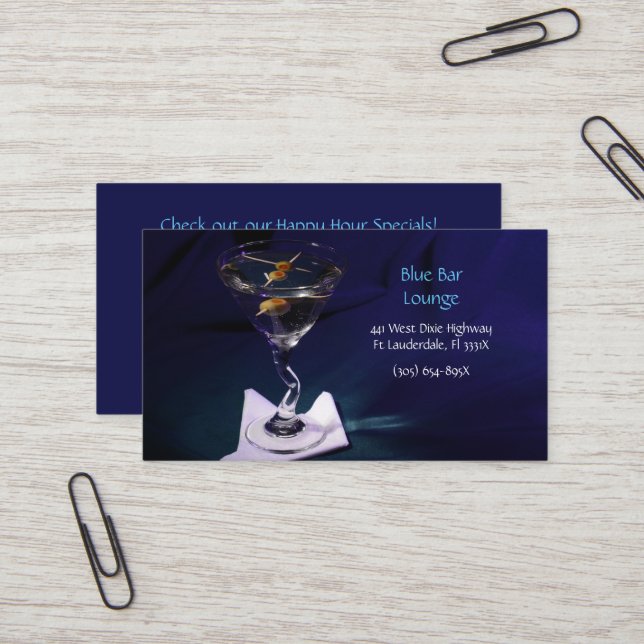 Lounge Dark Blue Martini Bar Business Card (Front/Back In Situ)