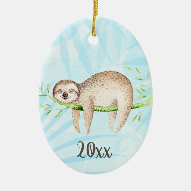 Lounging Sloth Keepsake Customisable Year Ceramic Ornament (Front)