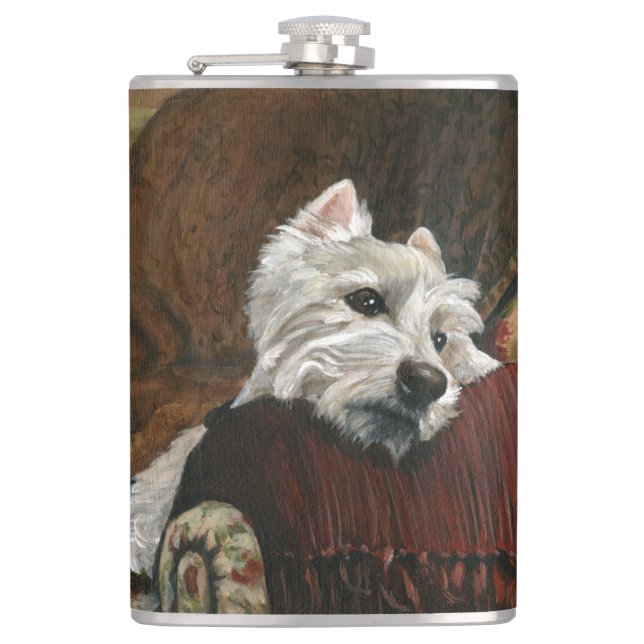 Lounging Westie on Sofa Hip Flask (Front)