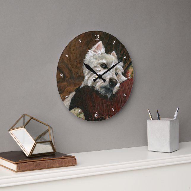 Lounging Westie on Sofa Large Clock (Office)