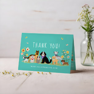 Lovable Happy Pet Family Pet Care, Grooming Teal Thank You Card