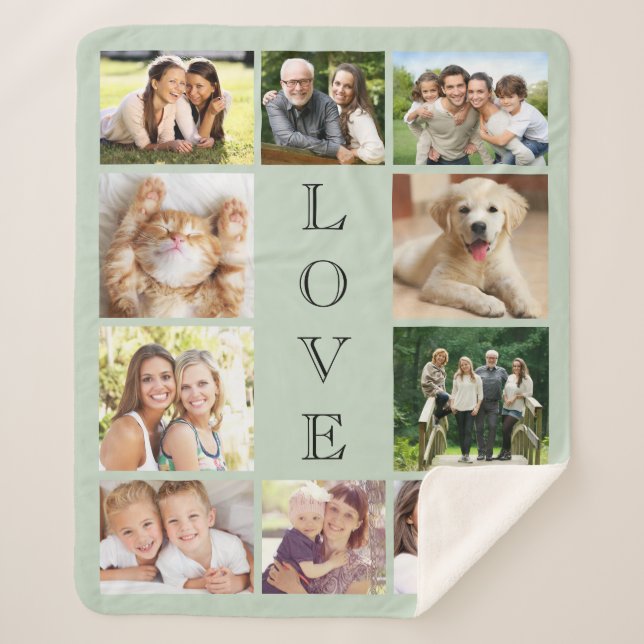 Love 10 Photo Collage Sage Green Sherpa Blanket (Front)