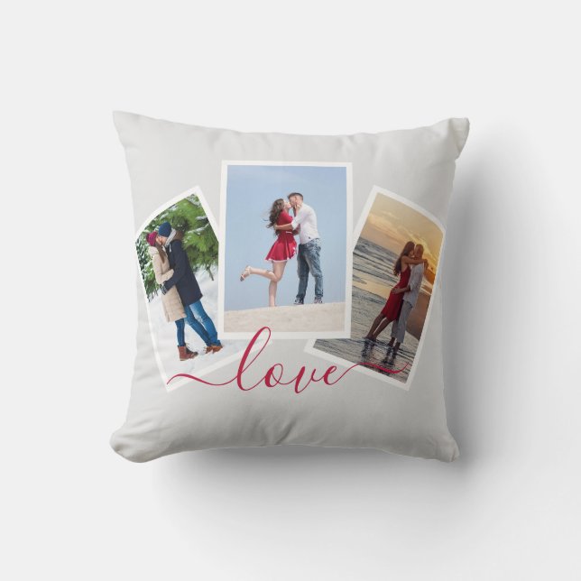 Love 3 Photo Collage with Red Script Cushion (Front)