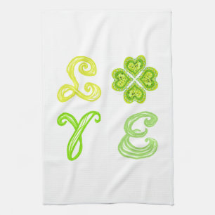 LOVE 4 Leaf Clover as 4 Green Heart Diamonds Tea Towel