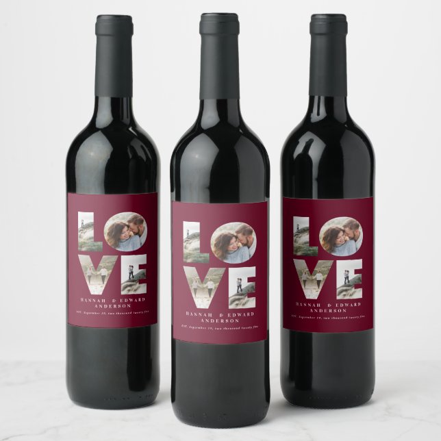 Love 4 photo simple modern personalised burgundy wine label (Bottles)