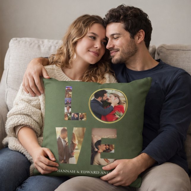 Love 4 photo simple modern personalised Sage Green Cushion (Creator Uploaded)