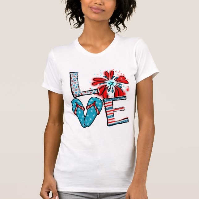 Love 4th of July Fireworks & Flip Flops T-Shirt (Front)
