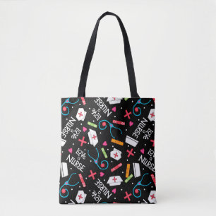 Love a Nurse Art Black with Nurse Motifs Tote Bag