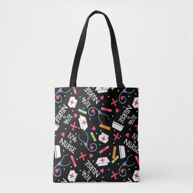Love a Nurse Art Black with Nurse Motifs Tote Bag (Front)