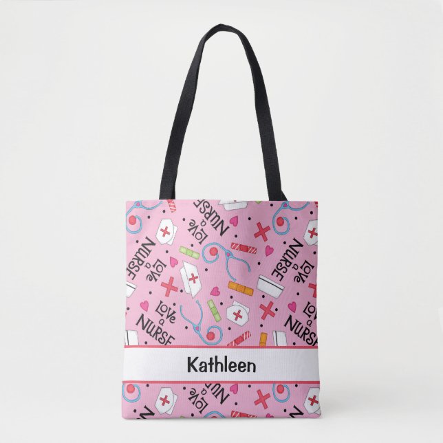 Love a Nurse Art Pink Name Personalised Tote Bag (Front)