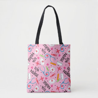 Love a Nurse Art Pink with Nurse Motifs Tote Bag