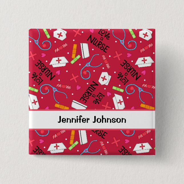 Love a Nurse Art Red Name Personalised Badge (Front)