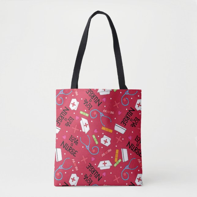 Love a Nurse Art Red with Nurse Motifs Tote Bag (Front)