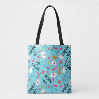 Love a Nurse Art Turquoise with Nurse Motifs Tote Bag
