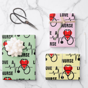 Love a Nurse Heart Stethoscope Design Wrapping Paper Sheet