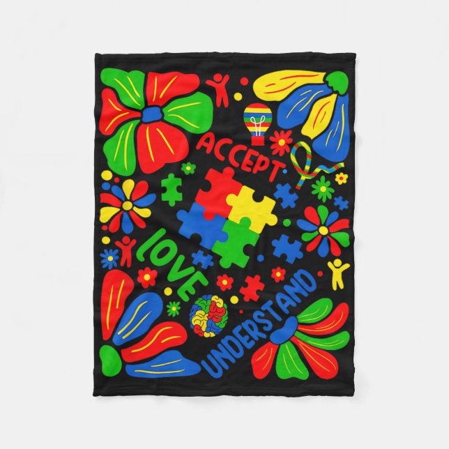 Love Accept Understand Autism Boho Flower  Fleece Blanket (Front)