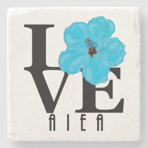 LOVE Aiea Hawaii Blue Hibiscus Stone Coaster