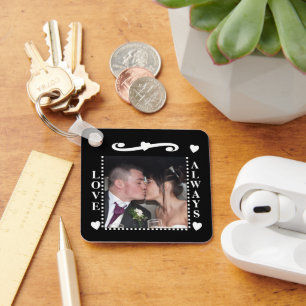 Love always 2 photos add initials white black key ring