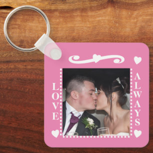 Love always 2 photos add initials white pink key ring