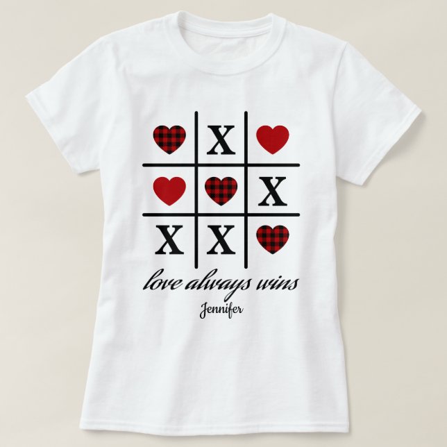  Love Always Wins Tic Tac Toe Red Buffalo Hearts T-Shirt (Design Front)