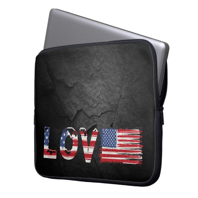 Love American Flag on Black Rock  Laptop Sleeve (Front Left)