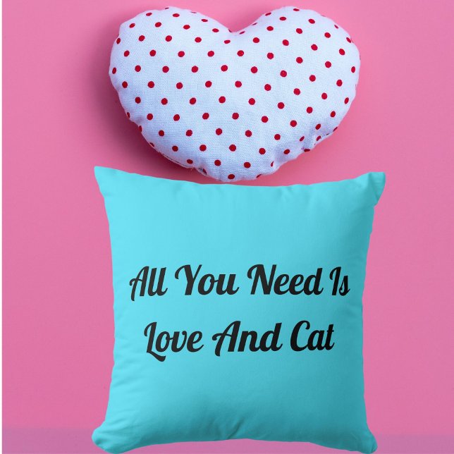 Love And Cat Personalised Cute Funny Quote Blue Cushion (Creator Uploaded)