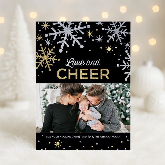 Love and Cheer Silver and Gold Sparkle Photo Holiday Card (Creator Uploaded)