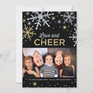 Love and Cheer Silver and Gold Sparkle Photo Holiday Card
