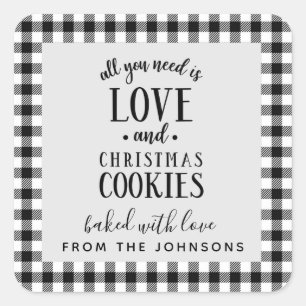 Love and Christmas Cookies Black & White Plaid Square Sticker
