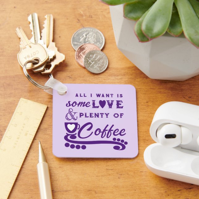 Love and coffee add initials purple key ring (Desk)