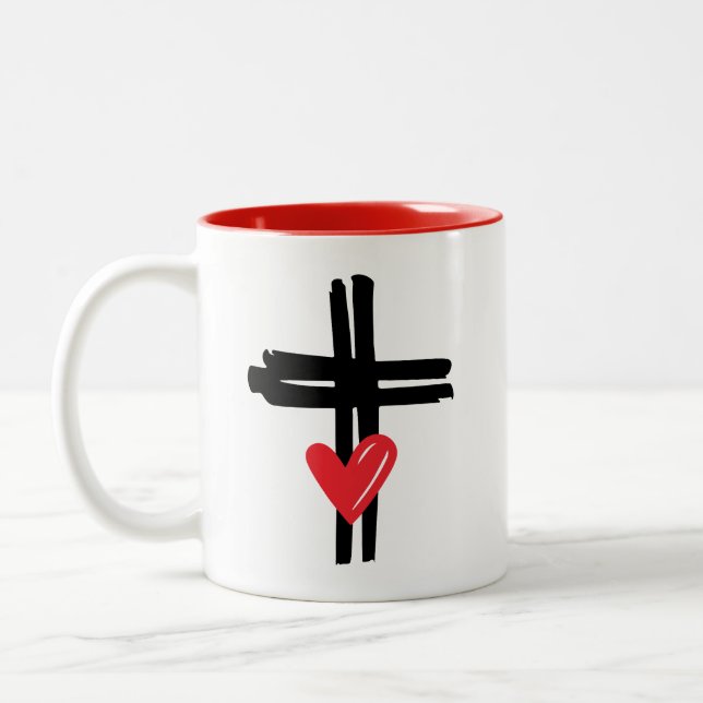Love and Faith Heart Cross Christian Religious God Two-Tone Coffee Mug (Left)