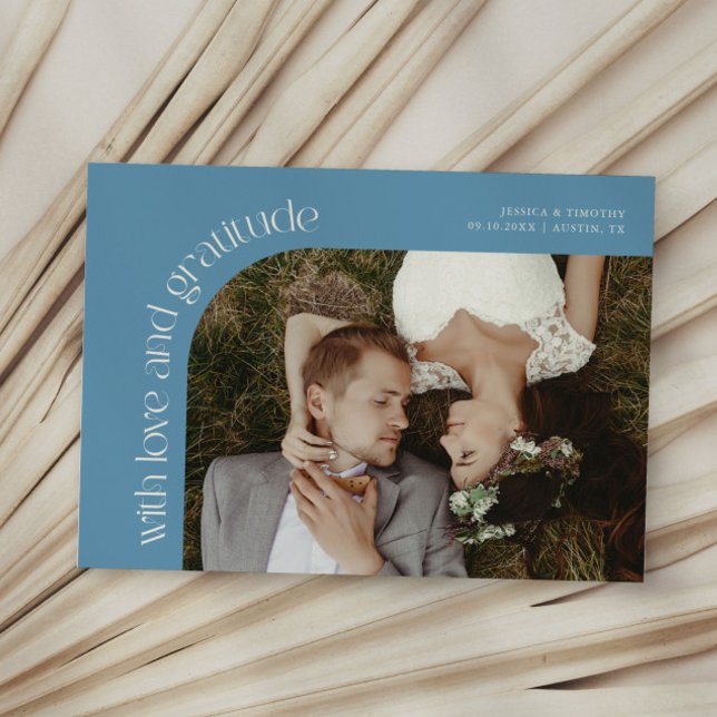 Love and Gratitude Denim Blue Wedding Photo Thank You Card (Creator Uploaded)