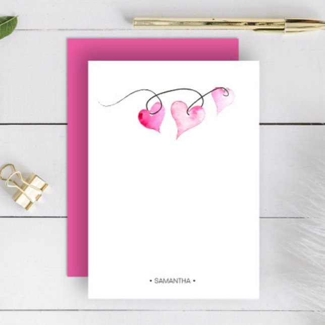 Love and Hearts Personalised Pink Note Card (Personalized valentines stationery watercolor hearts by Victoria Grigaliunas of Do Tell A Belle)