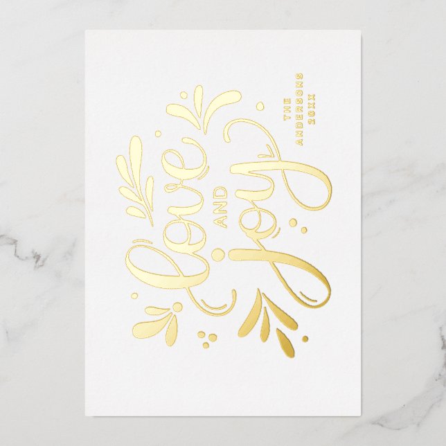 Love and Joy. Gold Christmas script calligraphy Foil Holiday Card (Front)