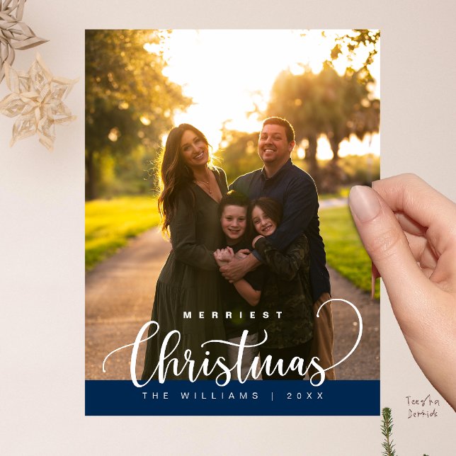 Love and Joy, Merry Christmas Family Photo Postcard (Love and Joy, Merry Christmas Family Photo Modern Cute Typography Postcard in Navy Blue)