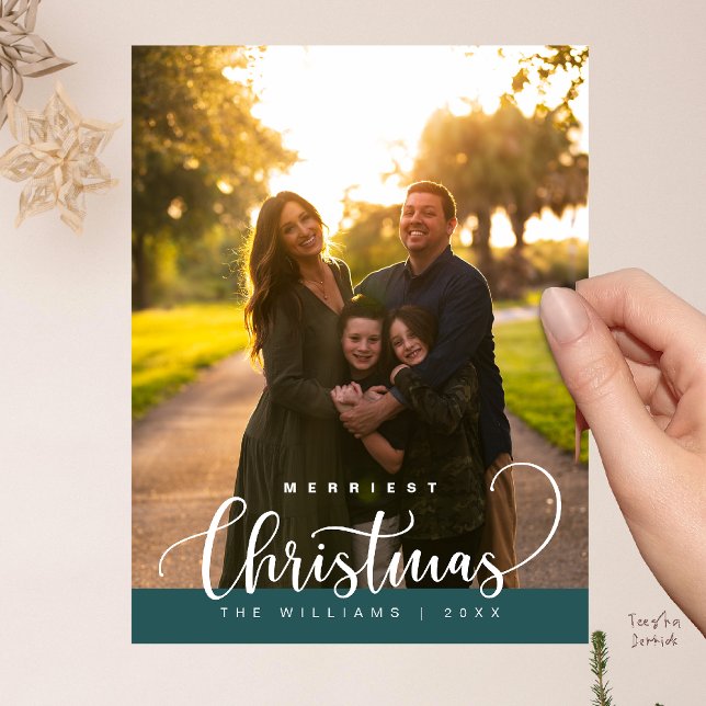 Love and Joy, Merry Christmas Family Photo Postcard (Love and Joy, Merry Christmas Family Photo Modern Cute Typography Postcard in Emerald Green)