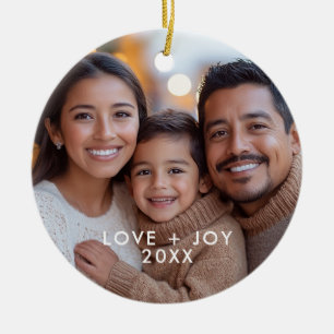 Love and Joy Modern Minimalist Christmas Photo Ceramic Ornament