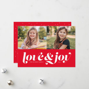 Love and joy red two photo holiday card