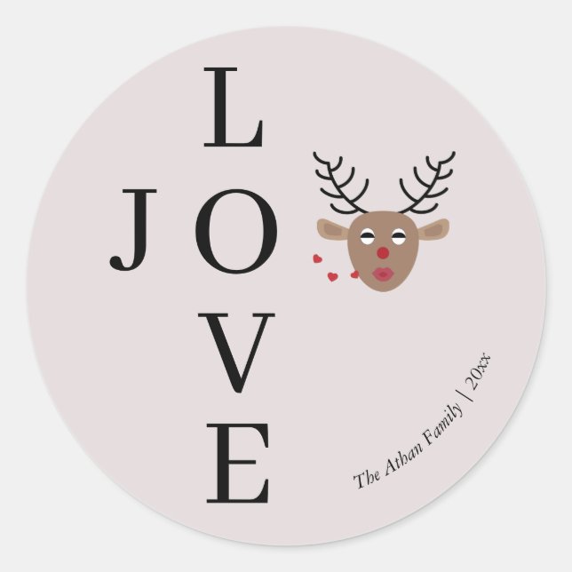 Love and Joy Reindeer Blush Pink Black Crossword Classic Round Sticker (Front)