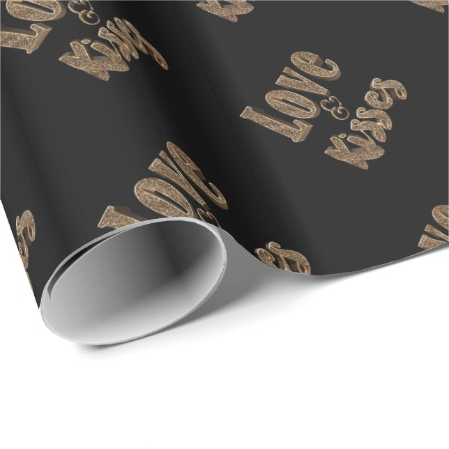 Love and Kisses Romantic Elegant Gold Typography Wrapping Paper (Roll Corner)