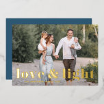 Love and Light Bold Typography Hanukkah Photo Foil Holiday Card<br><div class="desc">Love and Light! Send Hanukkah wishes to family and friends with this customisable gold foil Hanukkah card. It features bold typography. Personalise by adding names and a photo. This gold foil Happy Hanukkah card is available on other cardstock.</div>
