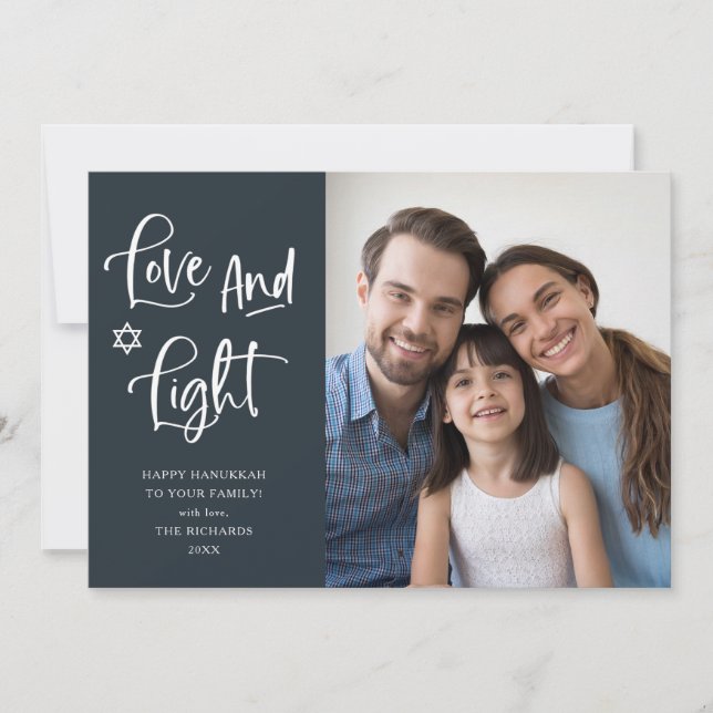 Love and Light | Dark Blue Hanukkah Photo Holiday Card (Front)