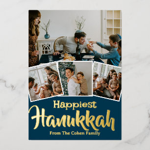 Love and Light Hanukkah family photo Collage Foil Holiday Card